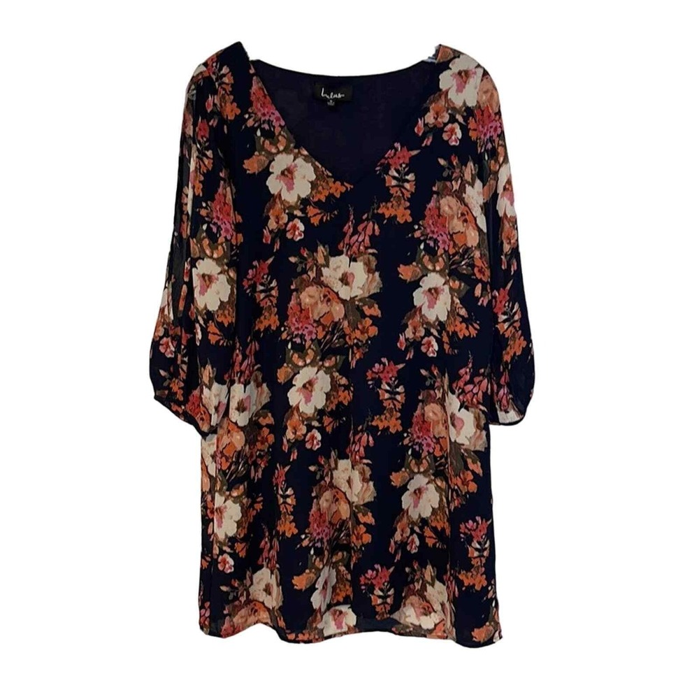 Lulus Navy Blue Floral V-Neck Split Sleeve Shift Mini‎ Dress Small